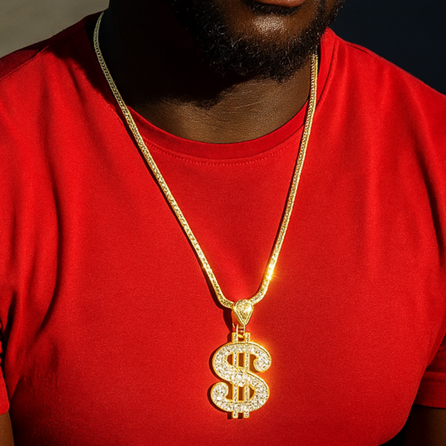 Gold Dollar Necklace with Iced-Out CZ Stones & 30" Franco Chain – 14K Gold-Plated Hip Hop Pendant
