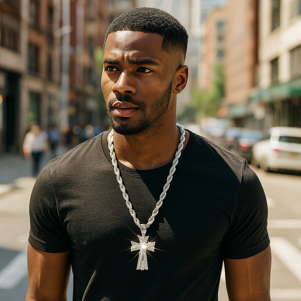 Silver Jesus Hang Cross Necklace with Iced-Out CZ Stones & 30" 10mm Rope Chain – 14K White Gold-Plated Hip Hop Pendant