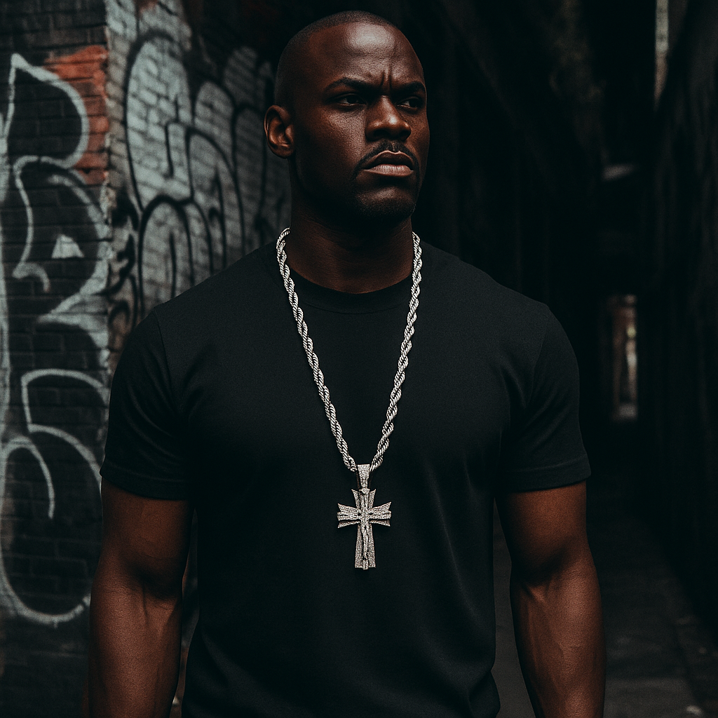Silver Jesus Hang Cross Necklace with Iced-Out CZ Stones & 30" 10mm Rope Chain – 14K White Gold-Plated Hip Hop Pendant