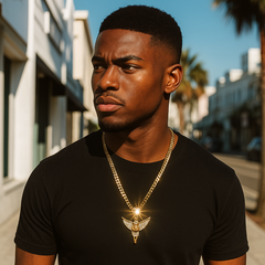 Gold Angel Necklace with Iced-Out CZ Stones & 30" 10mm Cuban Chain – 14K Gold-Plated Hip Hop Pendant