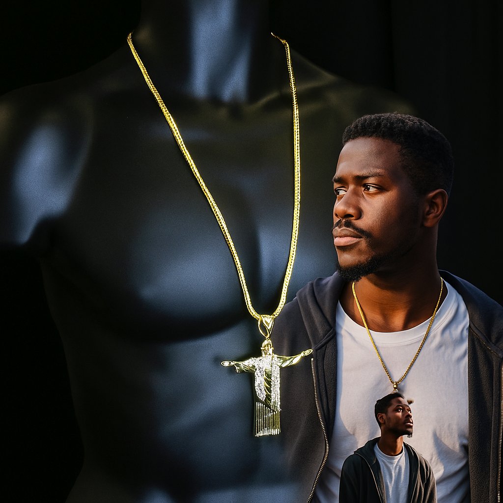 Gold Resurrection Cross Necklace with Iced-Out CZ Stones & 30" Franco Chain – 14K Gold-Plated Hip Hop Pendant