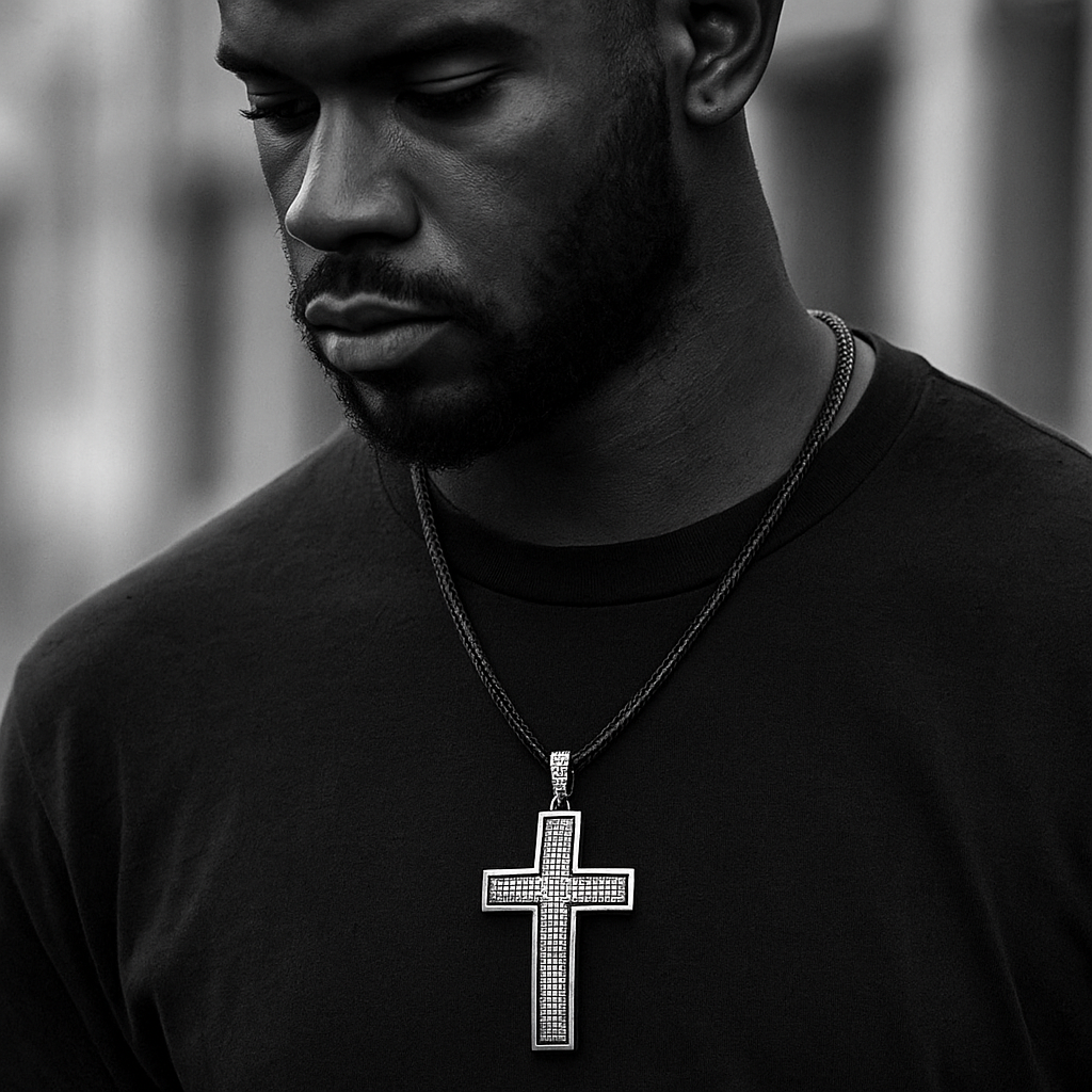 Black/White Dome Cross Necklace with Iced-Out CZ Stones & 30" Franco Chain – Black Hip Hop Pendant
