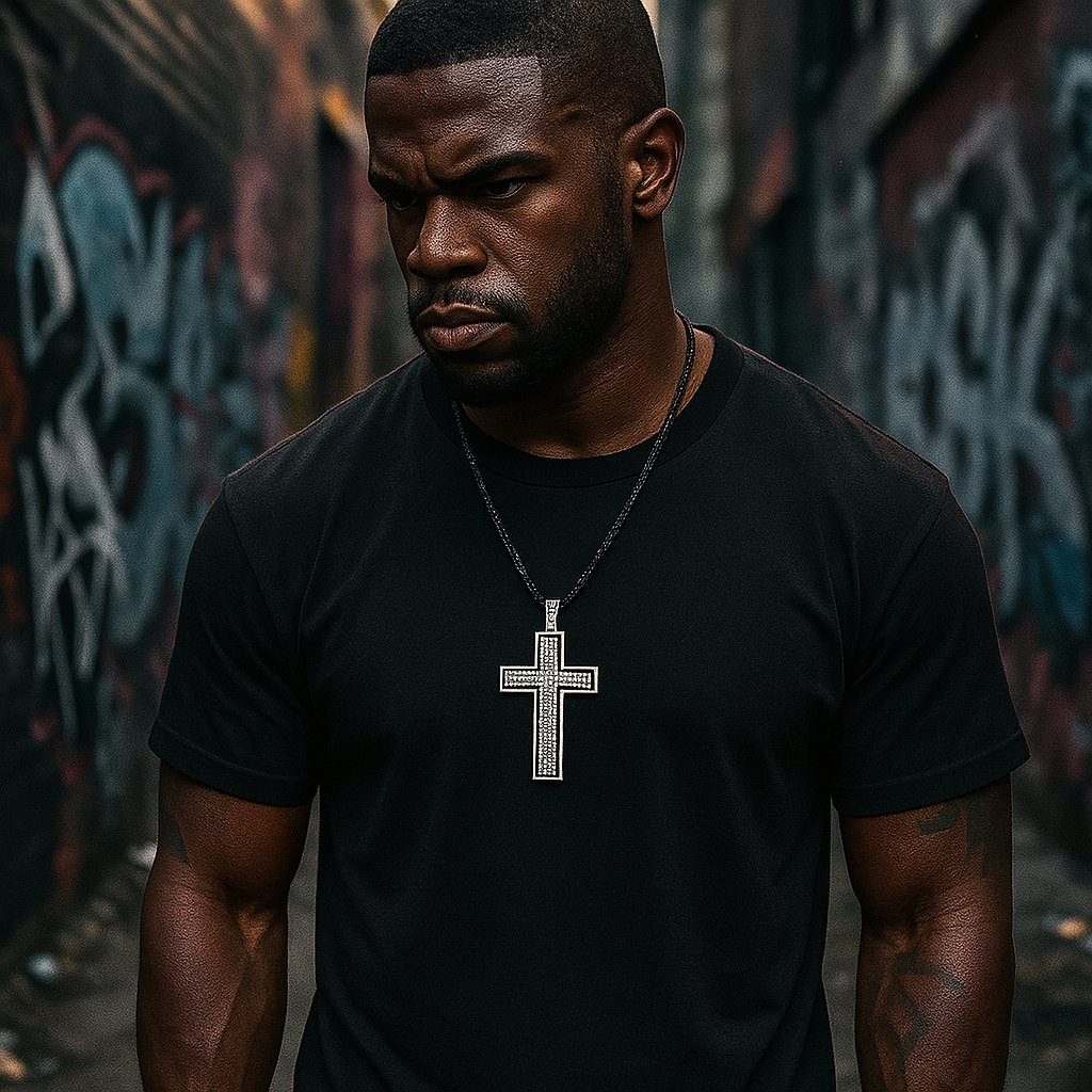 Black/White Dome Cross Necklace with Iced-Out CZ Stones & 30" Franco Chain – Black Hip Hop Pendant