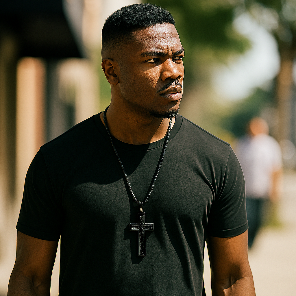 Black Dome Cross Necklace with Iced-Out Black Stones & 30" Franco Chain – Black Hip Hop Pendant