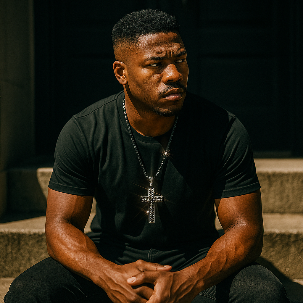 Black Dome Cross Necklace with Iced-Out Black Stones & 30" Franco Chain – Black Hip Hop Pendant