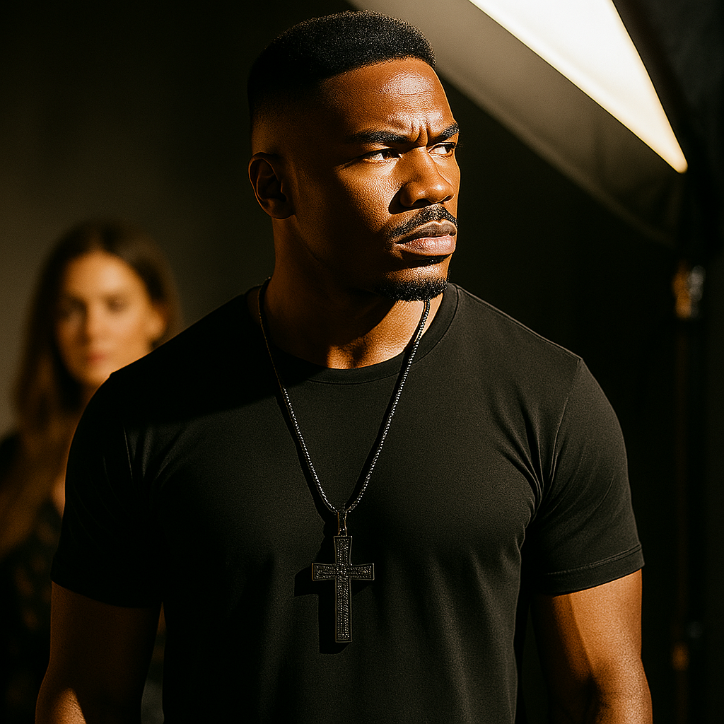 Black Dome Cross Necklace with Iced-Out Black Stones & 30" Franco Chain – Black Hip Hop Pendant