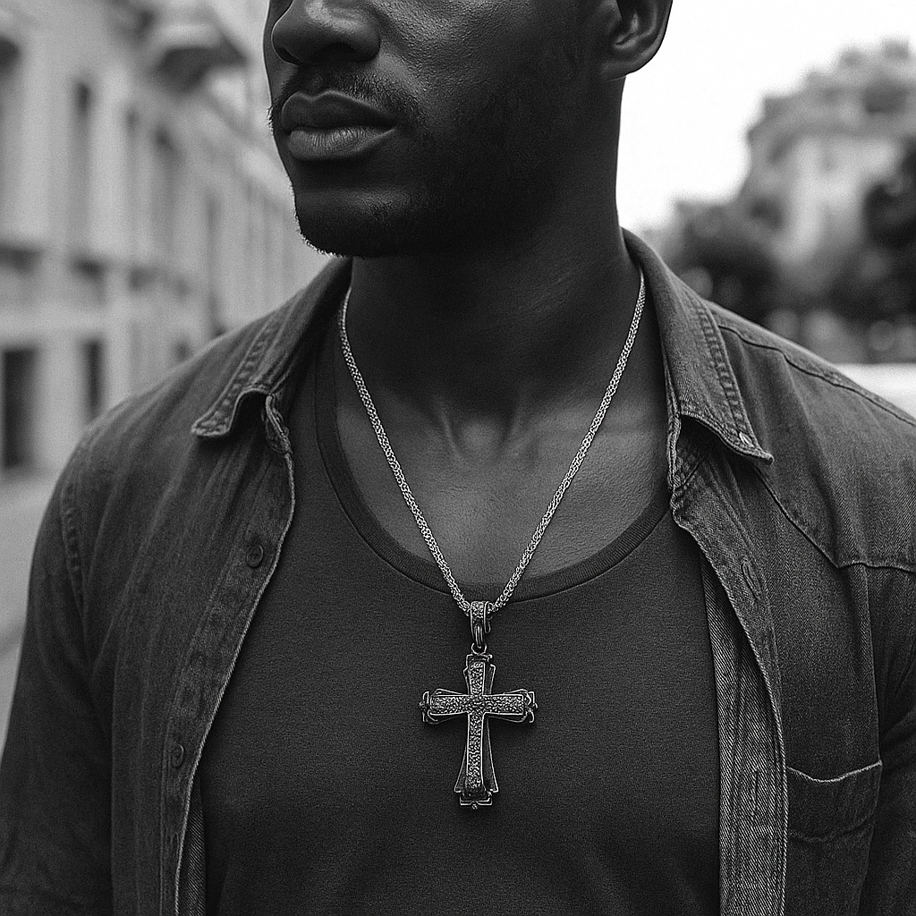 Black Hollow Cross Necklace with Iced-Out Black Stones & 24" Franco Chain – Black Hip Hop Pendant