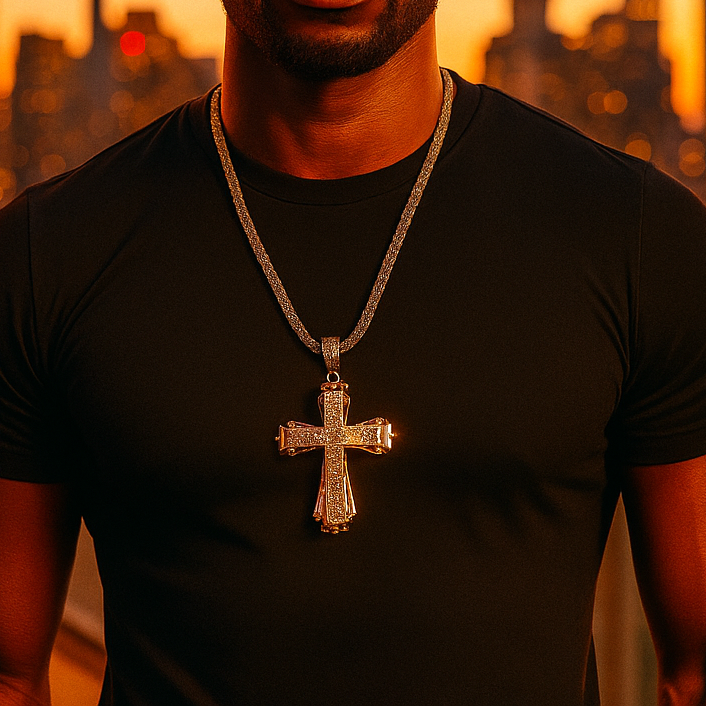 Black Hollow Cross Necklace with Iced-Out Black Stones & 24" Franco Chain – Black Hip Hop Pendant