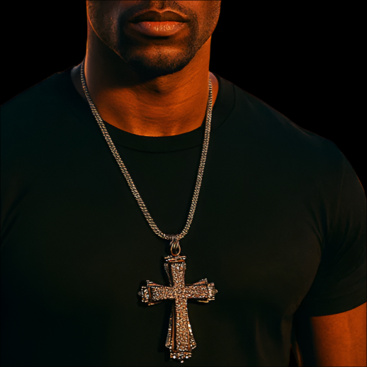 Black Hollow Cross Necklace with Iced-Out Black Stones & 24" Franco Chain – Black Hip Hop Pendant