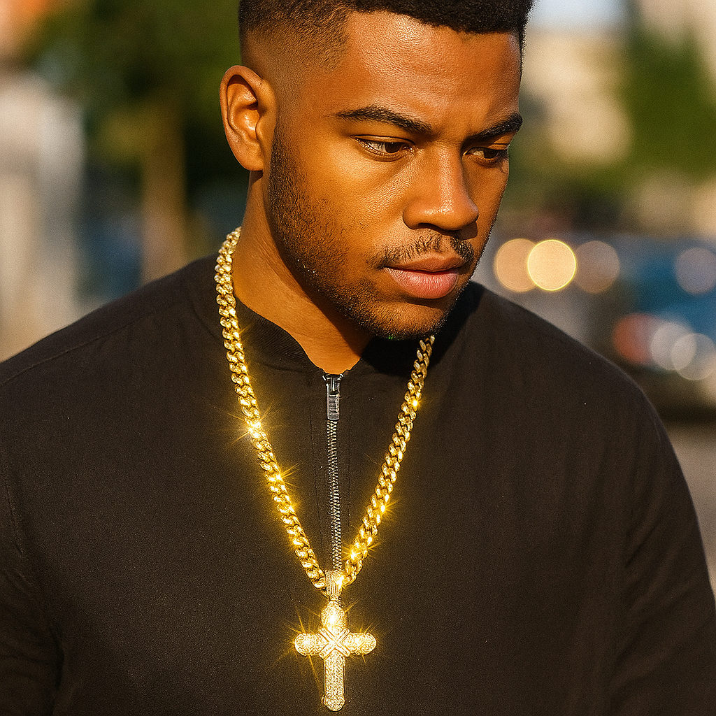 10mm Miami Cuban Link Chain with Iced Out Cross X Cross Pendant – Gold Hip Hop Necklace