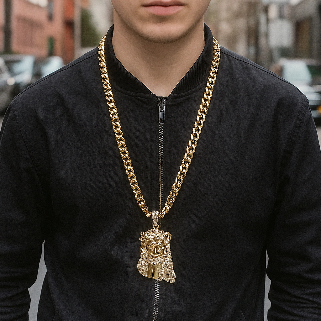 10mm Miami Cuban Link Chain with Gold Jesus Pendant – Iced Out Hip Hop Necklace