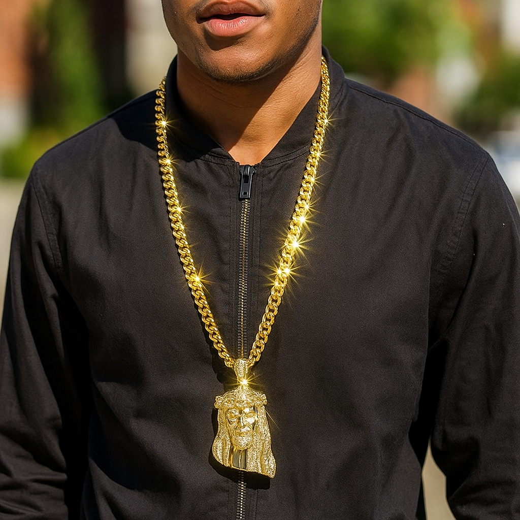 10mm Miami Cuban Link Chain with Gold Jesus Pendant – Iced Out Hip Hop Necklace