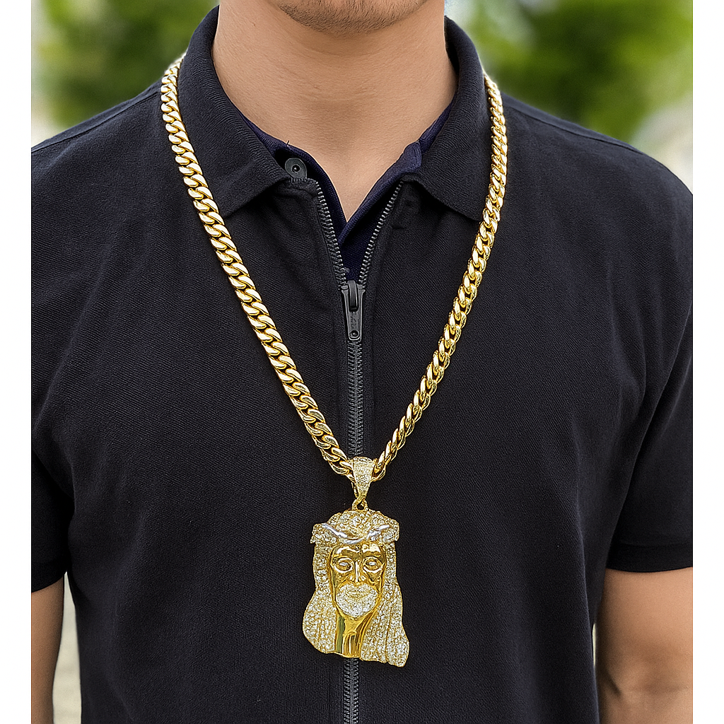 10mm Miami Cuban Link Chain with Gold Jesus Pendant – Iced Out Hip Hop Necklace