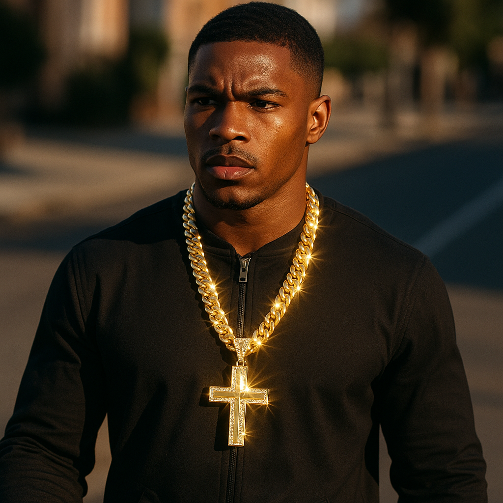 10mm Miami Cuban Link Chain with Gold mirror Cross Pendant – Iced Out Hip Hop Necklace
