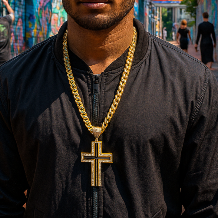 10mm Miami Cuban Link Chain with Gold mirror Cross Pendant – Iced Out Hip Hop Necklace
