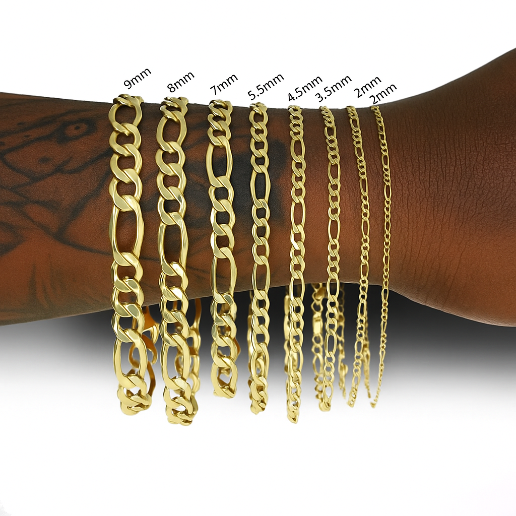 7MM/8"INCHES WIDE 14K GOLD FINISH FIGARO LINK BRACELET