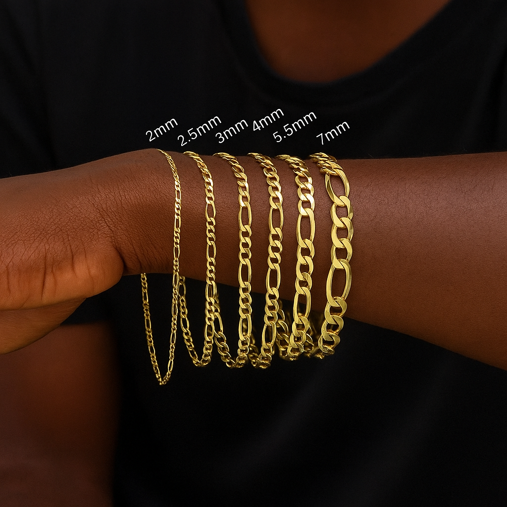 7MM/8"INCHES WIDE 14K GOLD FINISH FIGARO LINK BRACELET