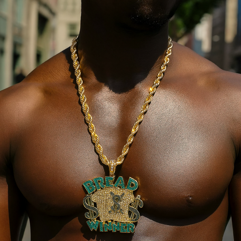 Bread Winner Giant Pendant with 10mm Rope Chain – Gold & Black Iced Out Hip Hop Necklace