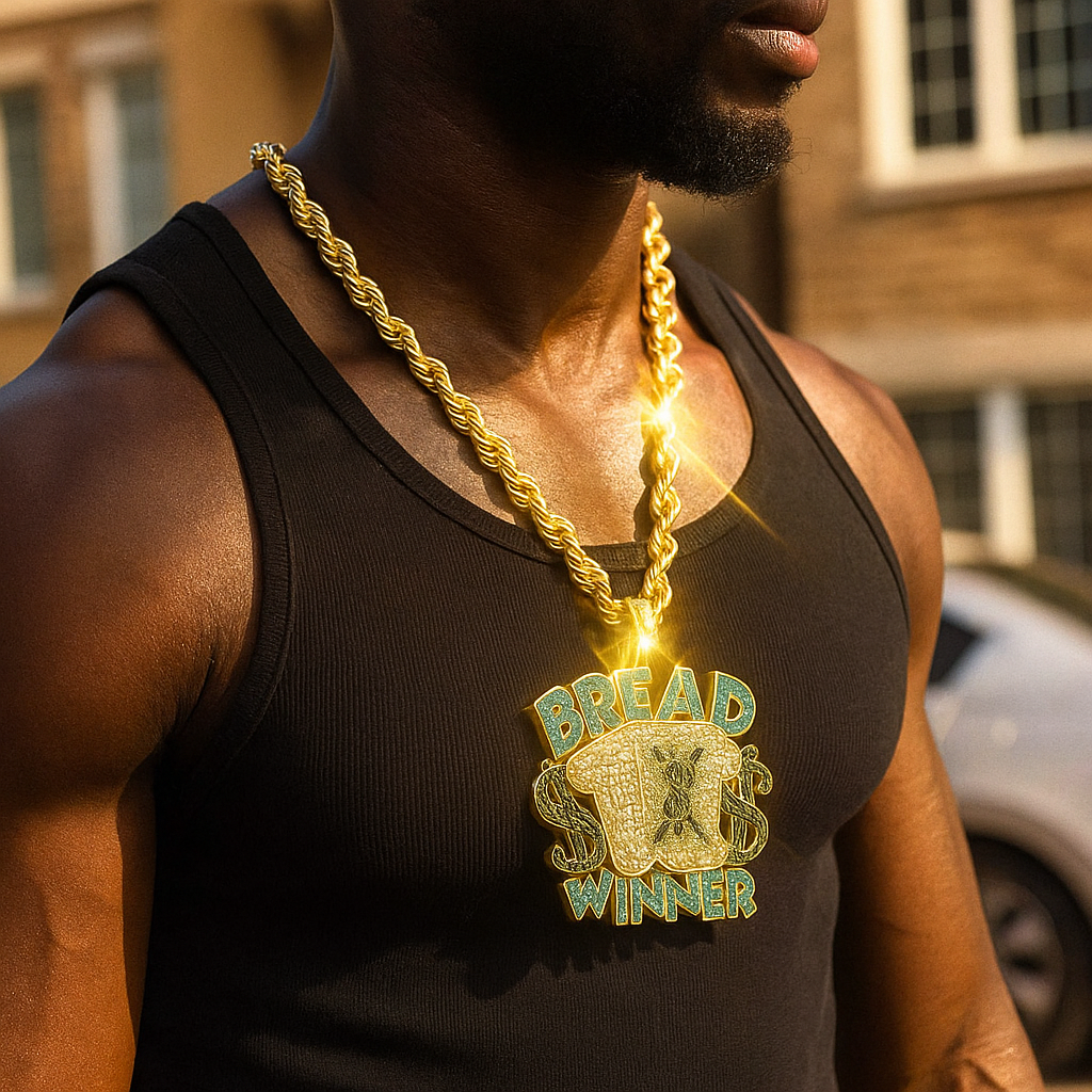 Bread Winner Giant Pendant with 10mm Rope Chain – Gold & Black Iced Out Hip Hop Necklace