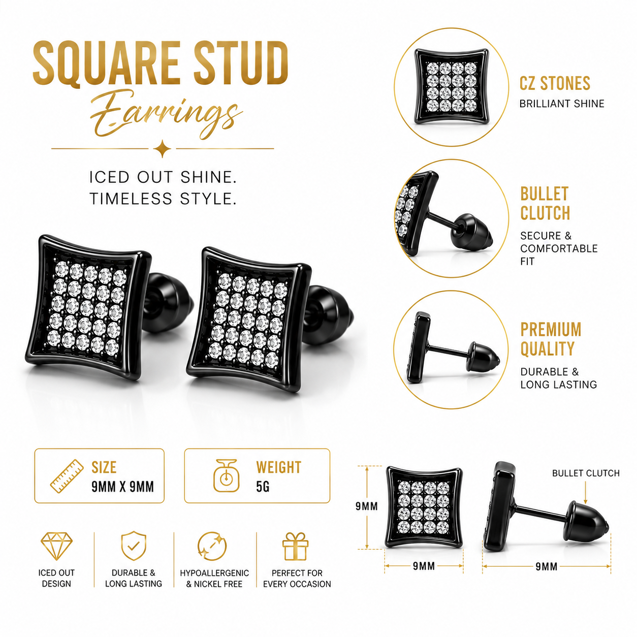 Hip Hop M Square Stud Earrings – AAA+ CZ Mounted Black-Clear Iced Out Earrings for Men & Women | Fashion Jewelry