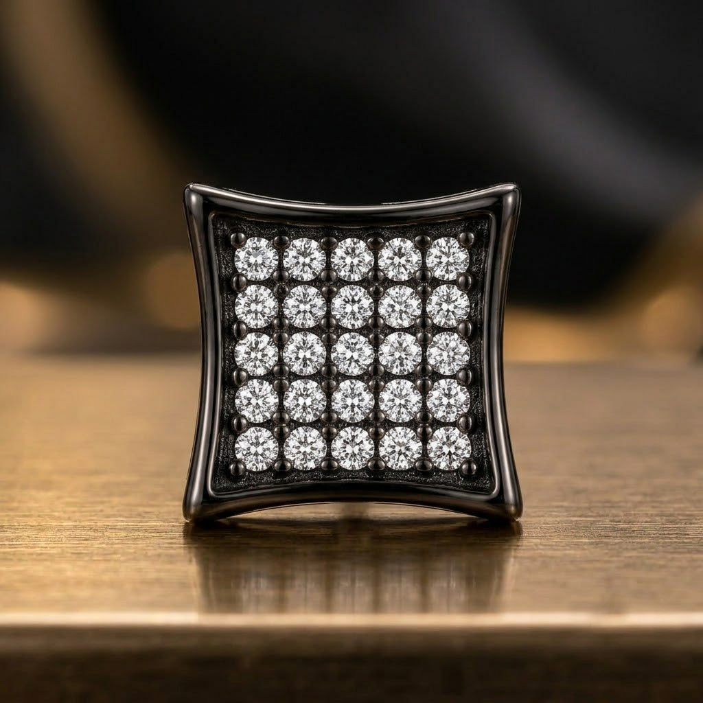 Hip Hop M Square Stud Earrings – AAA+ CZ Mounted Black-Clear Iced Out Earrings for Men & Women | Fashion Jewelry