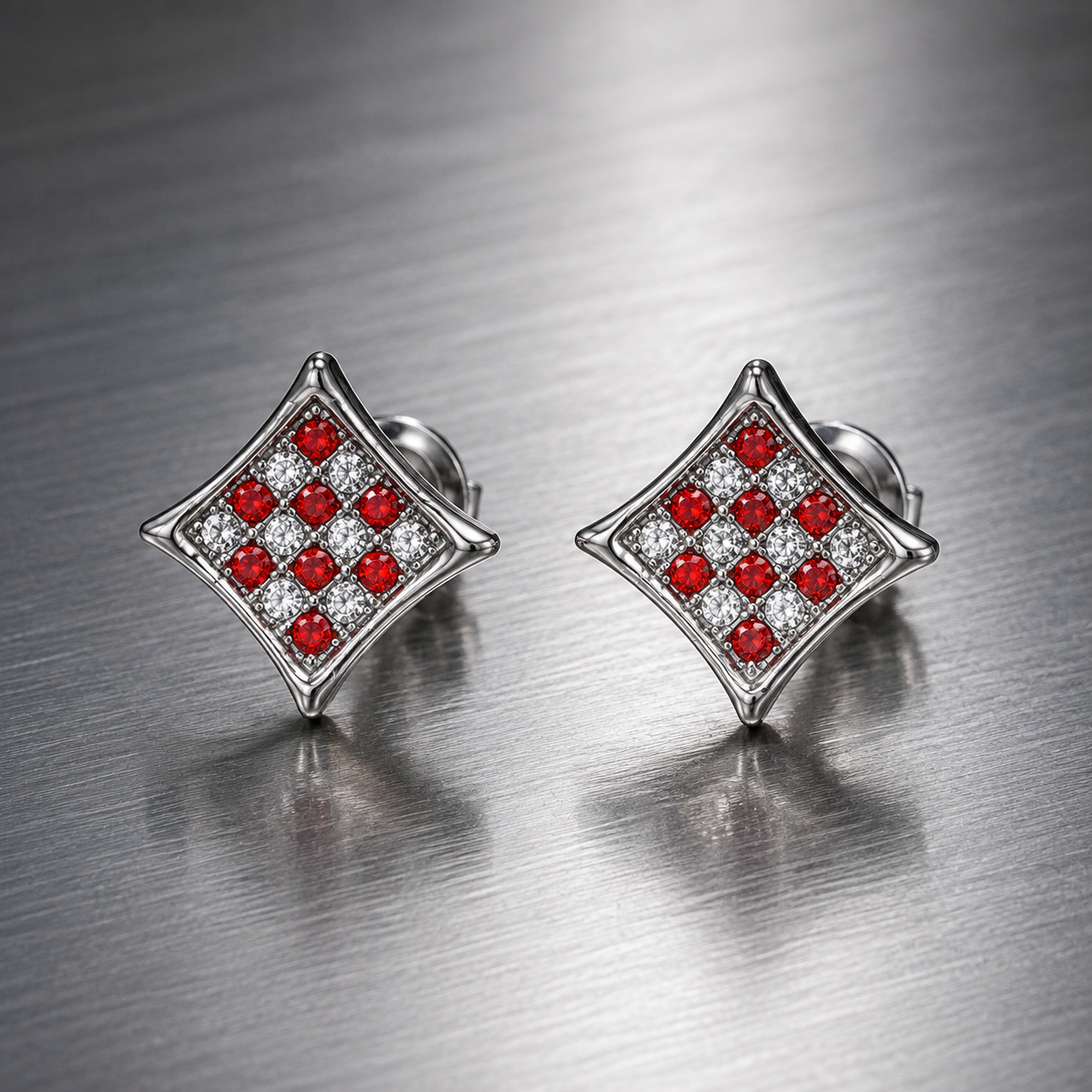 Hip Hop M Square Stud Earrings – AAA+ CZ Mounted Silver-Clear-Red Iced Out Earrings for Men & Women | Fashion Jewelry
