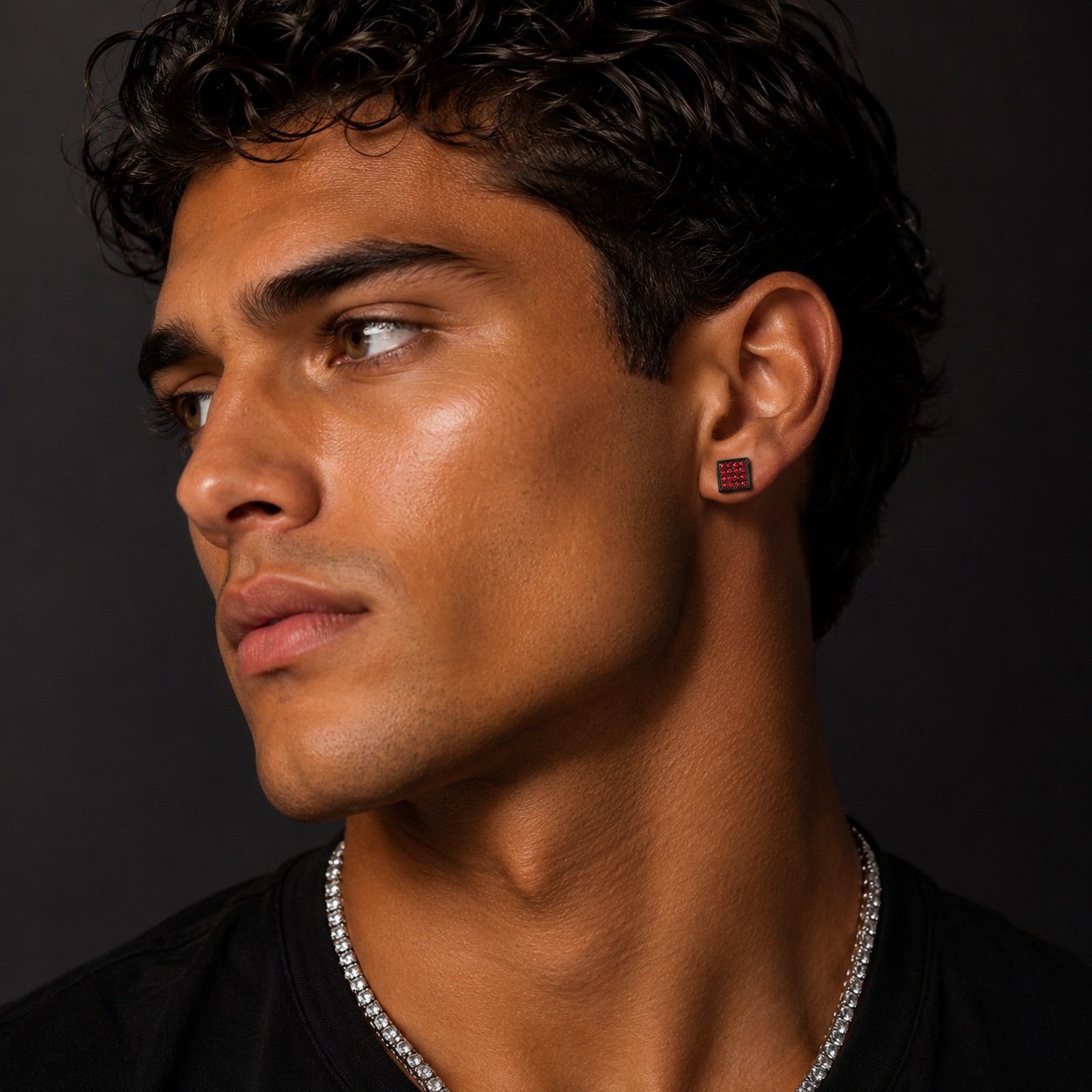 Hip Hop M Square Stud Earrings – AAA+ CZ Mounted Black-RED Iced Out Earrings for Men & Women | Fashion Jewelry