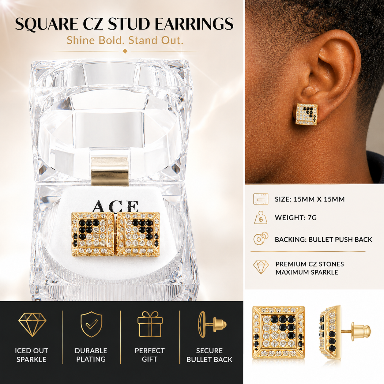Hip Hop Square Stud Earrings – AAA+ CZ Mounted Gold Clear/Black Iced Out Earrings for Men & Women | Fashion Jewelry