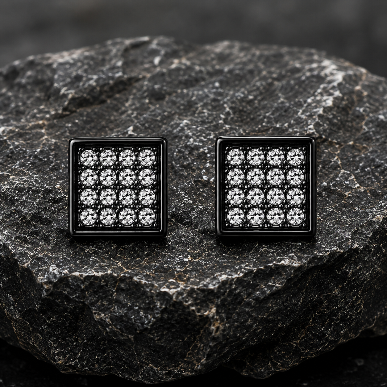 Hip Hop M Square Stud Earrings – AAA+ CZ Mounted Black-Clear Iced Out Earrings for Men & Women | Fashion Jewelry