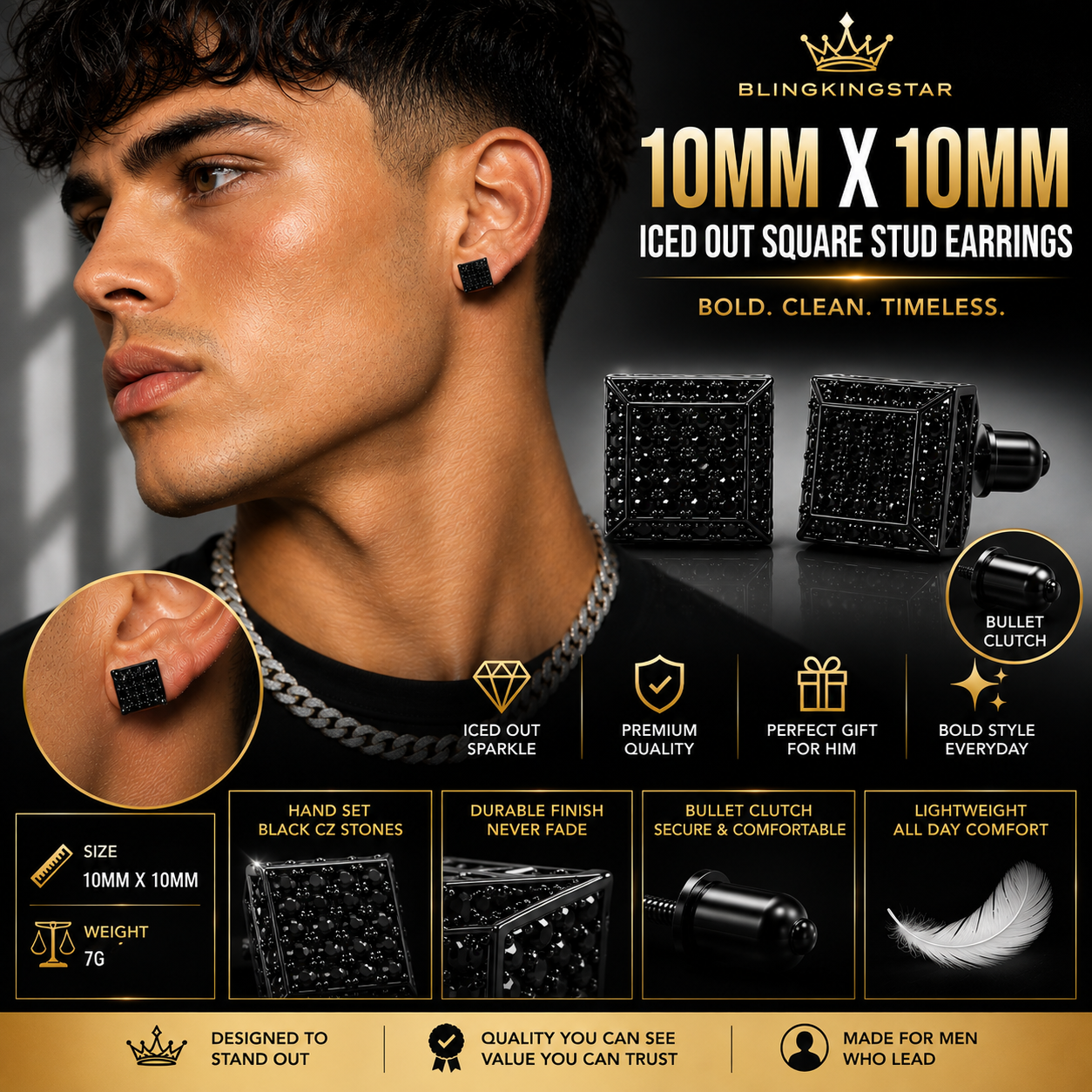 Hip Hop L Square Stud Earrings – AAA+ CZ Mounted BLACK Iced Out Earrings for Men & Women | Fashion Jewelry