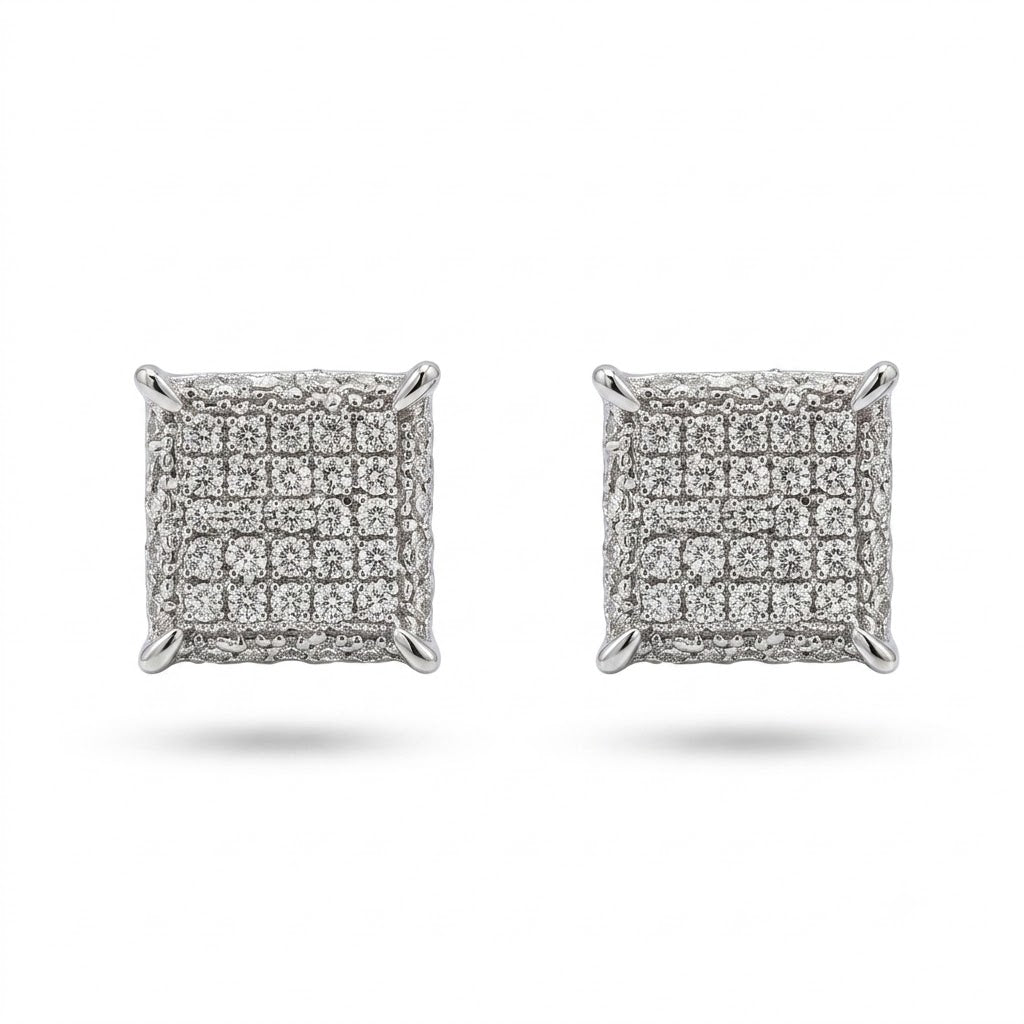 Hip Hop M Square Stud Earrings – AAA+ CZ Mounted Silver Iced Out Earrings for Men & Women | Fashion Jewelry