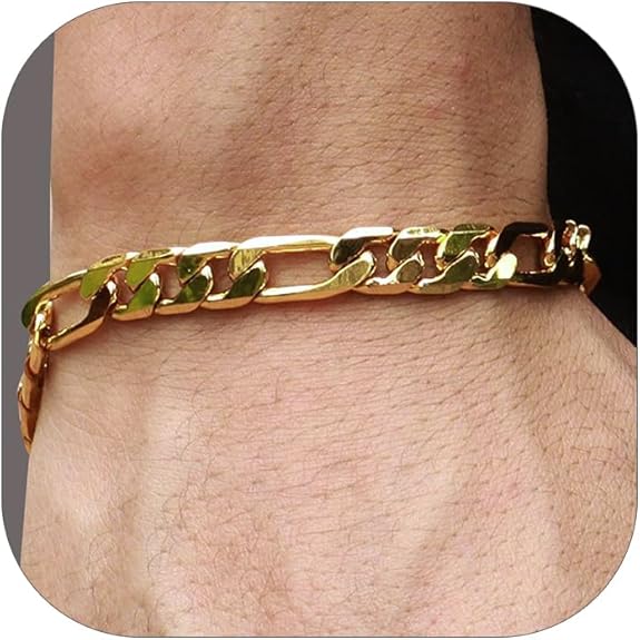4MM/8"INCHES WIDE 14K GOLD FINISH FIGARO LINK BRACELET