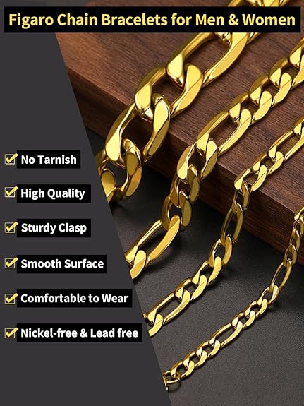 4MM/8"INCHES WIDE 14K GOLD FINISH FIGARO LINK BRACELET