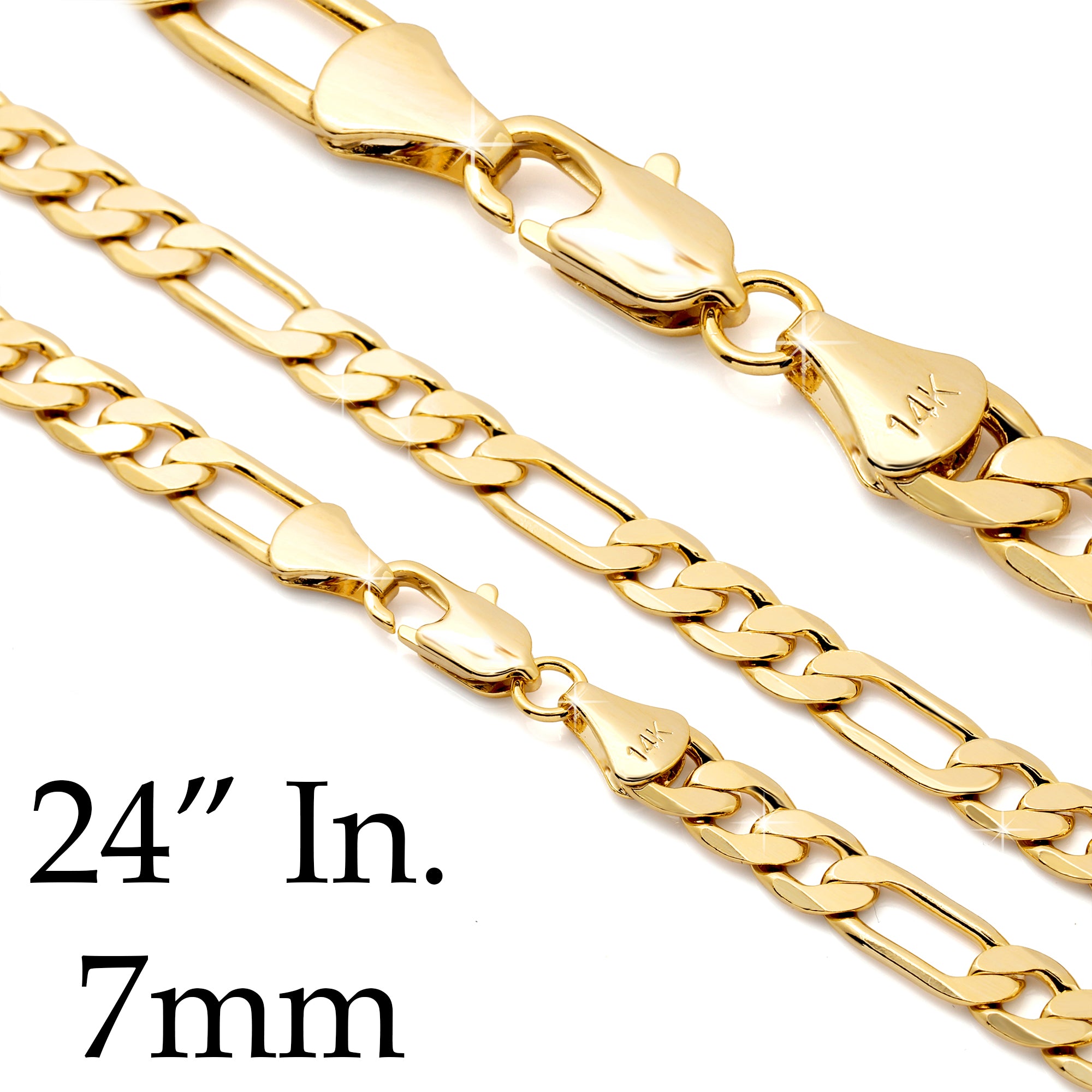 7 MM/24" FIGARO LINK CHAIN NECKLACE 14K REAL GOLD FILLED