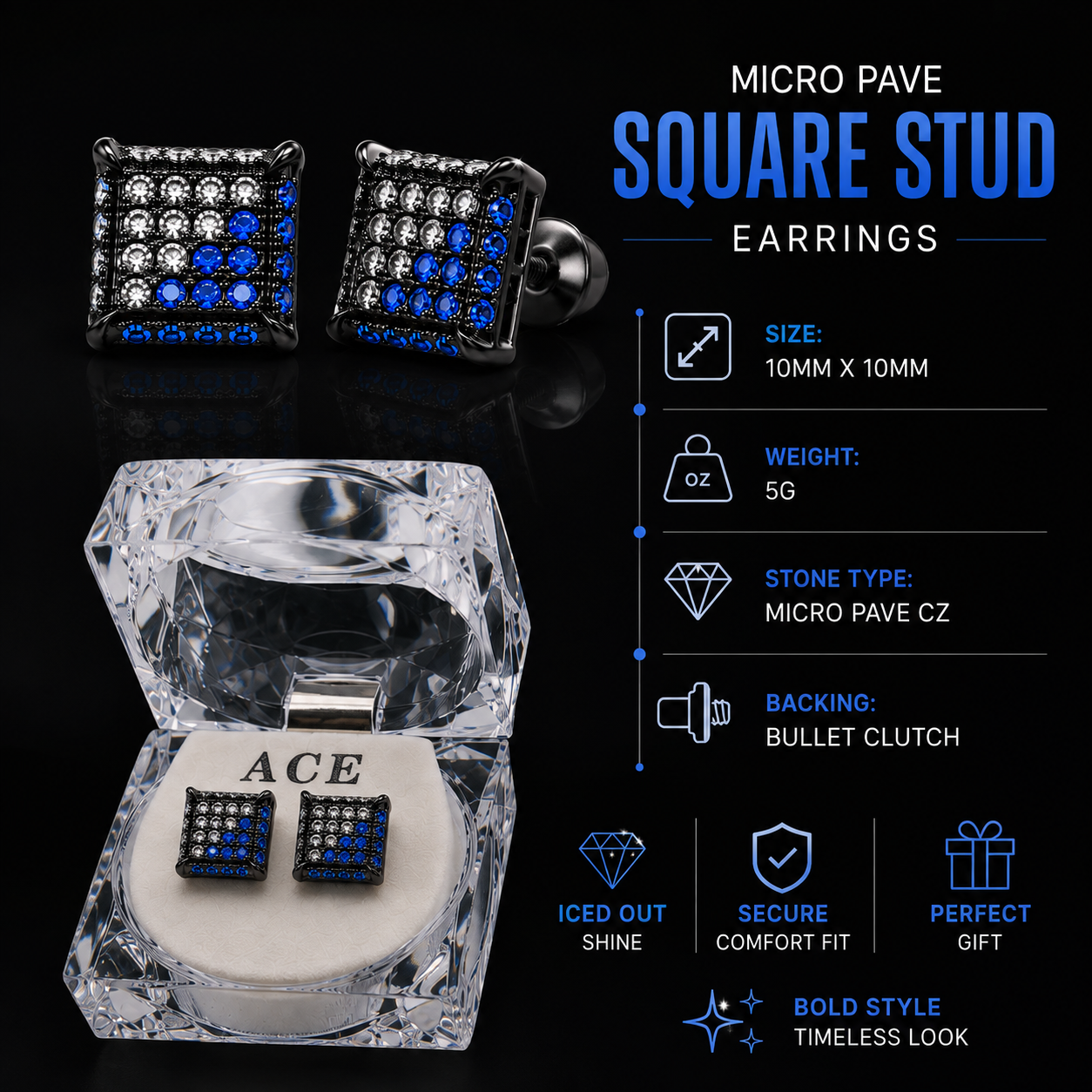 Hip Hop M Square Stud Earrings – AAA+ CZ Mounted Black-clear-blue Iced Out Earrings for Men & Women | Fashion Jewelry