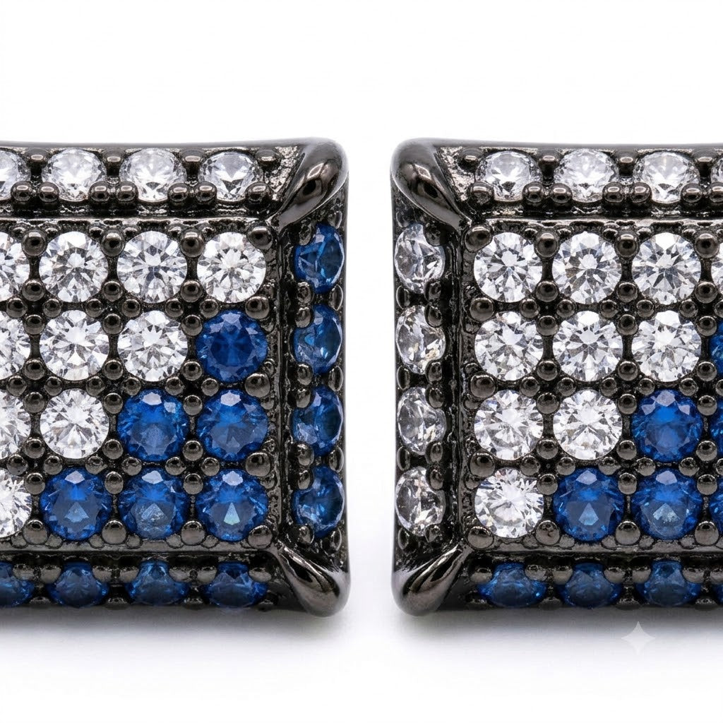 Hip Hop M Square Stud Earrings – AAA+ CZ Mounted Black-clear-blue Iced Out Earrings for Men & Women | Fashion Jewelry