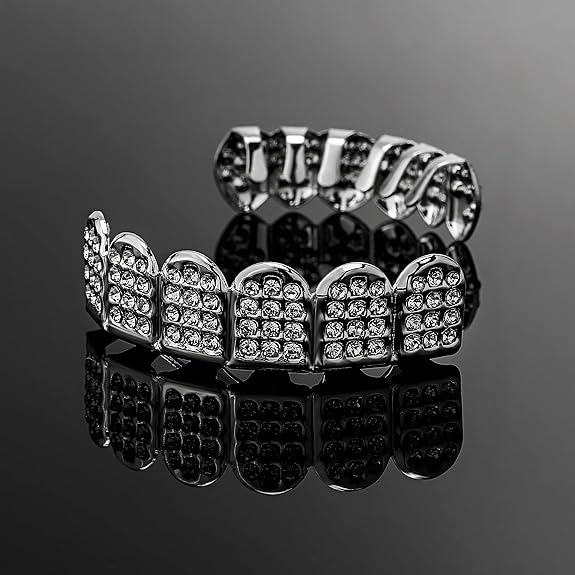 GRILLZ SET SILVER D SHAPE FULLY ICED