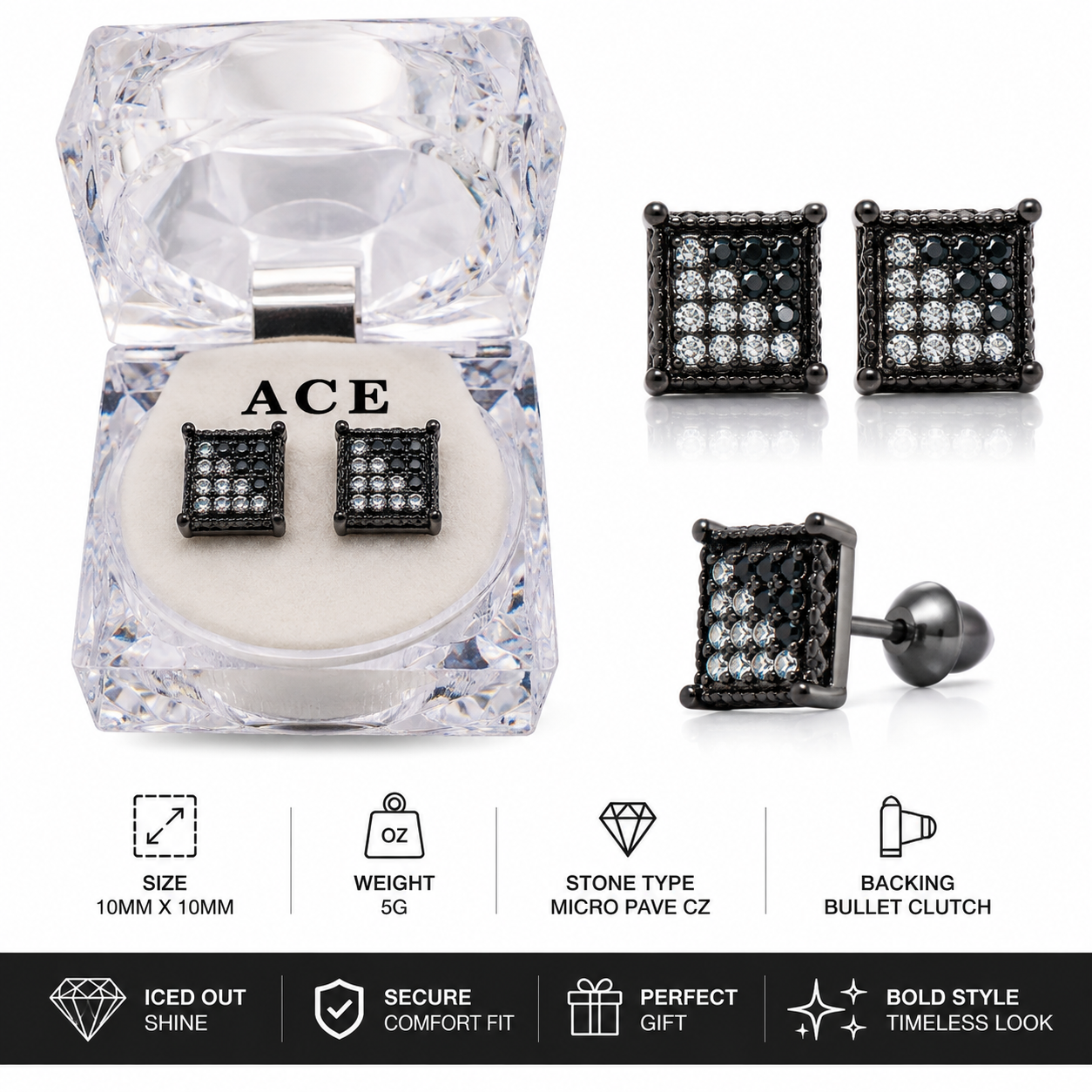 Hip Hop M Square Stud Earrings – AAA+ CZ Mounted Black-clear-black Iced Out Earrings for Men & Women | Fashion Jewelry