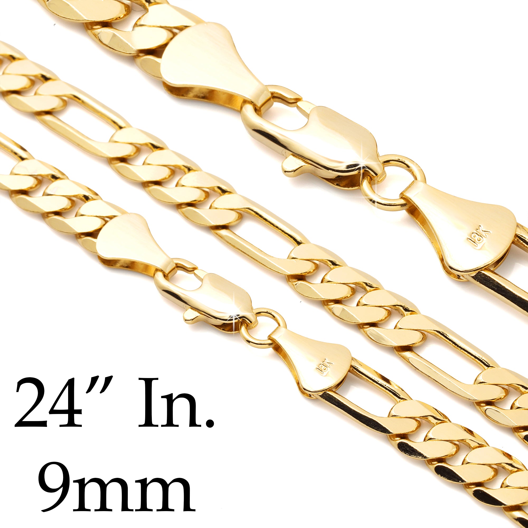 9 MM/24" FIGARO LINK CHAIN NECKLACE 14K REAL GOLD FILLED