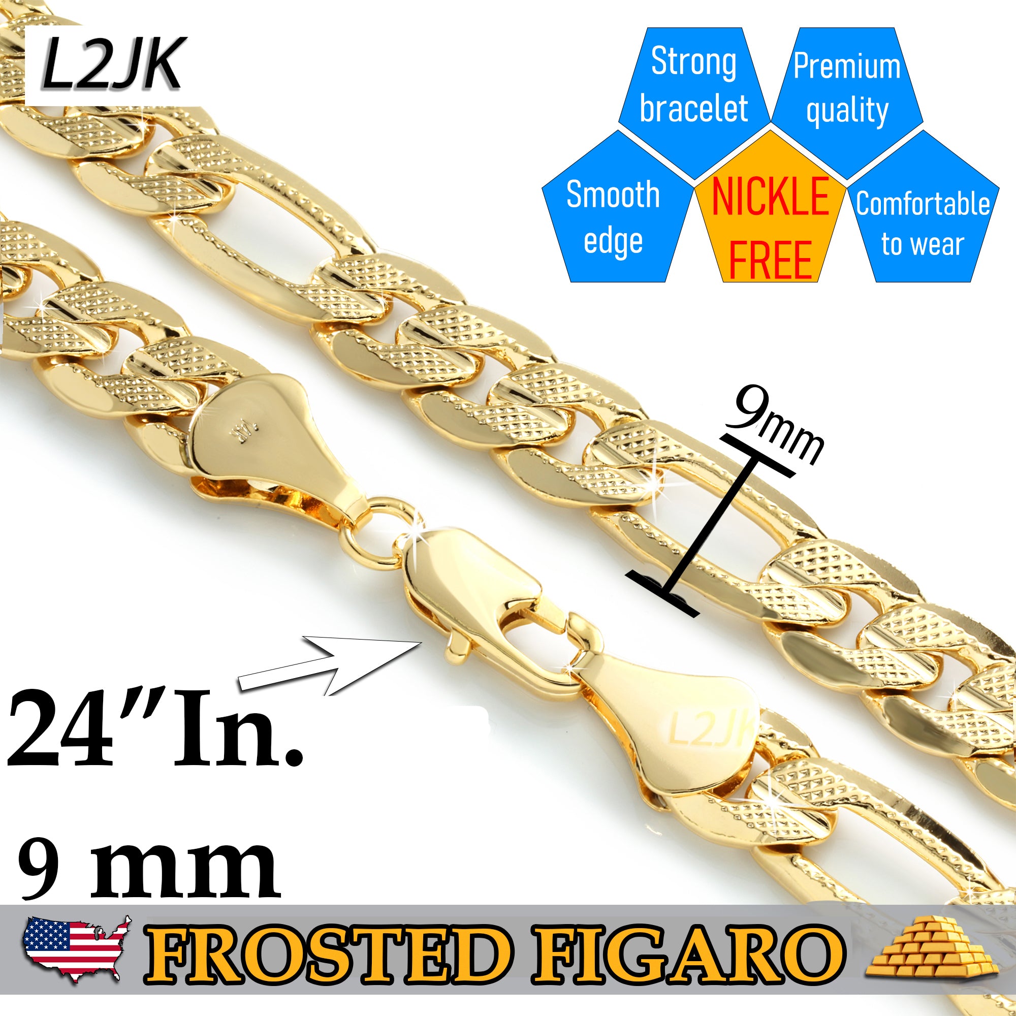 FROSTED 9 MM/24" FIGARO LINK CHAIN NECKLACE 14K REAL GOLD FILLED