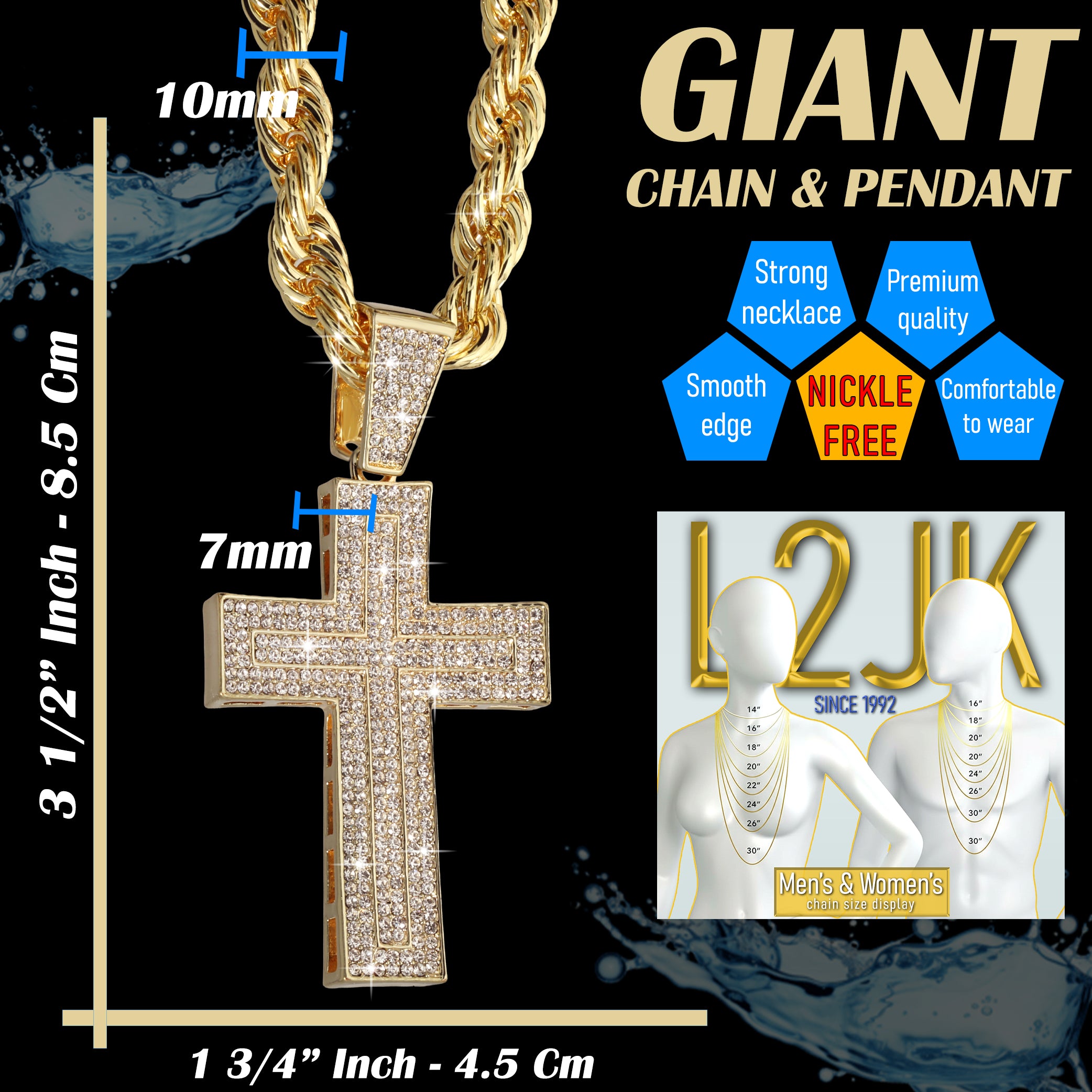 Curved Cross Fully Iced | 14K Rope Necklace Gold Plated 10mm