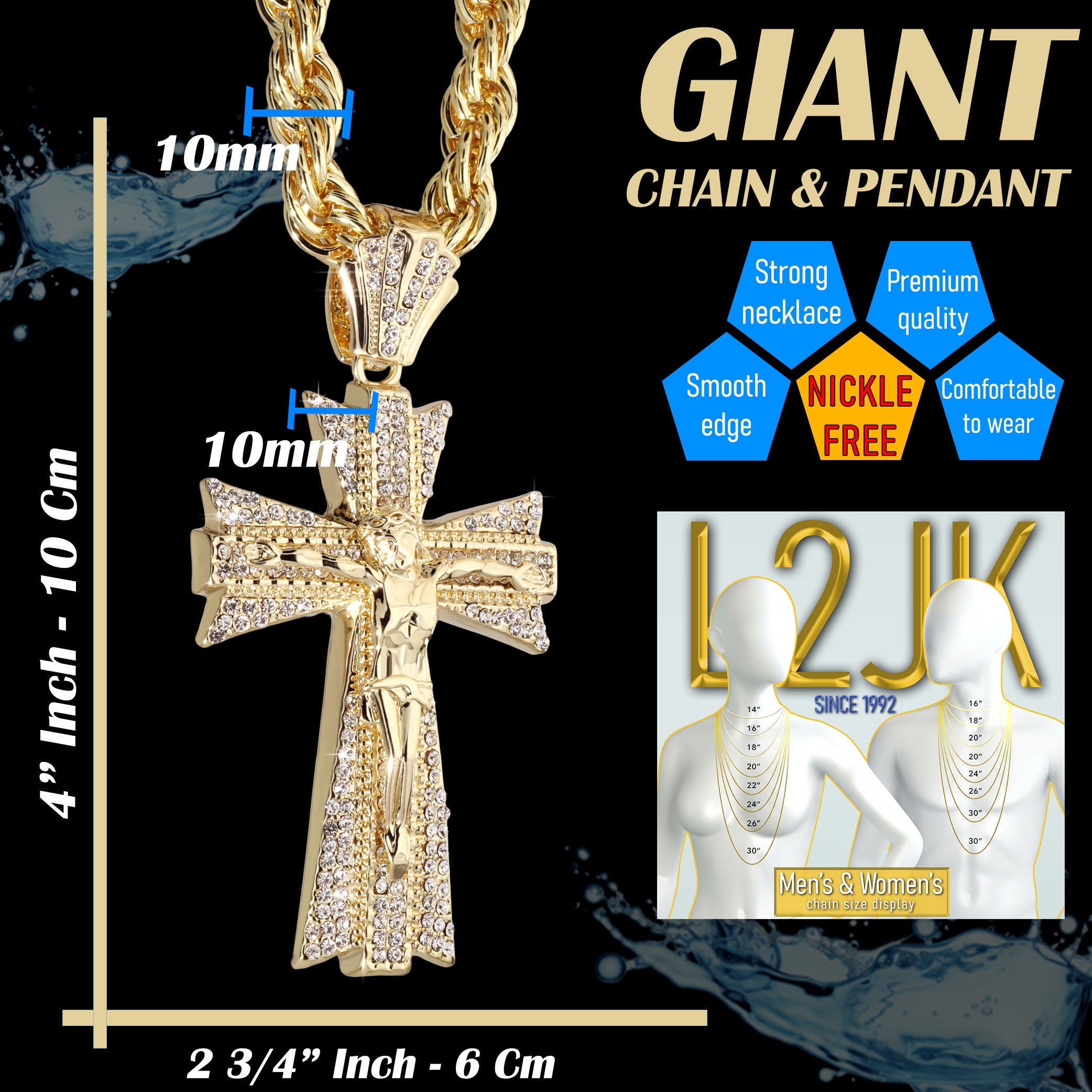 Jesus Clover Cross Fully Iced | 14K Rope Necklace Gold Plated 10mm