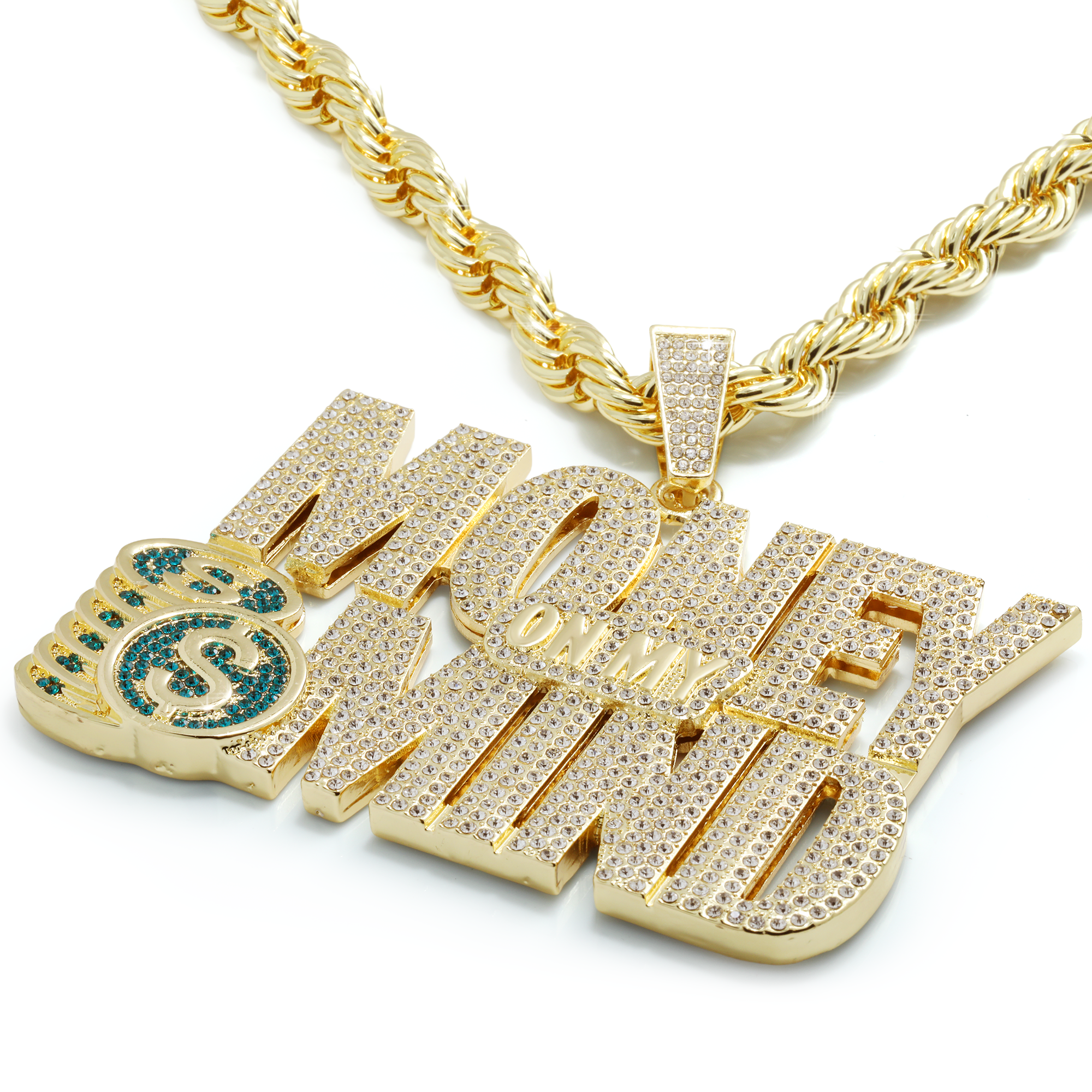 Huge Extra Large "MONEY ON MY MIND" 14k Gold Plated Pendant & Rope Chain