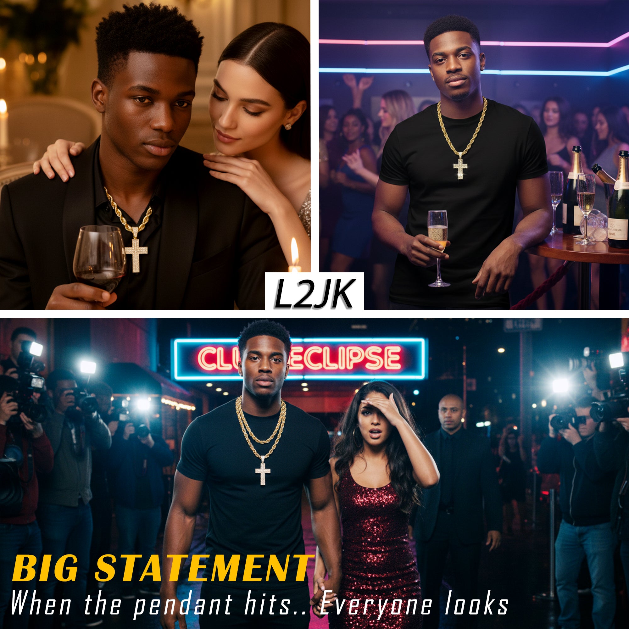 Curved Cross Fully Iced | 14K Rope Necklace Gold Plated 10mm