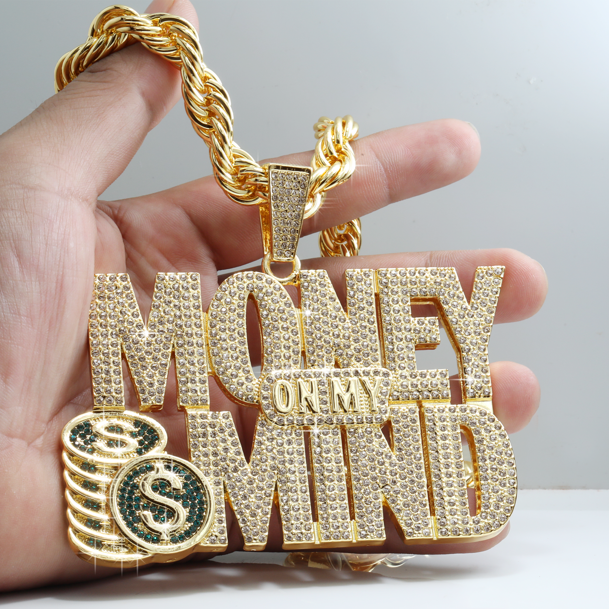 Huge Extra Large "MONEY ON MY MIND" 14k Gold Plated Pendant & Rope Chain
