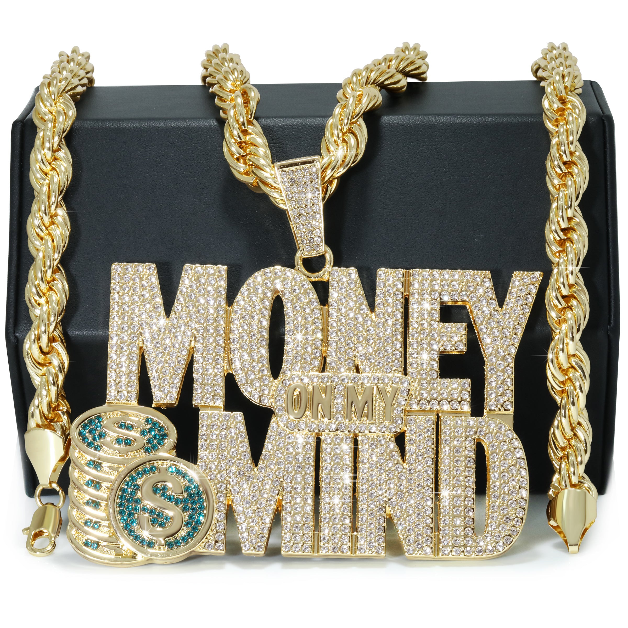 Huge Extra Large "MONEY ON MY MIND" 14k Gold Plated Pendant & Rope Chain