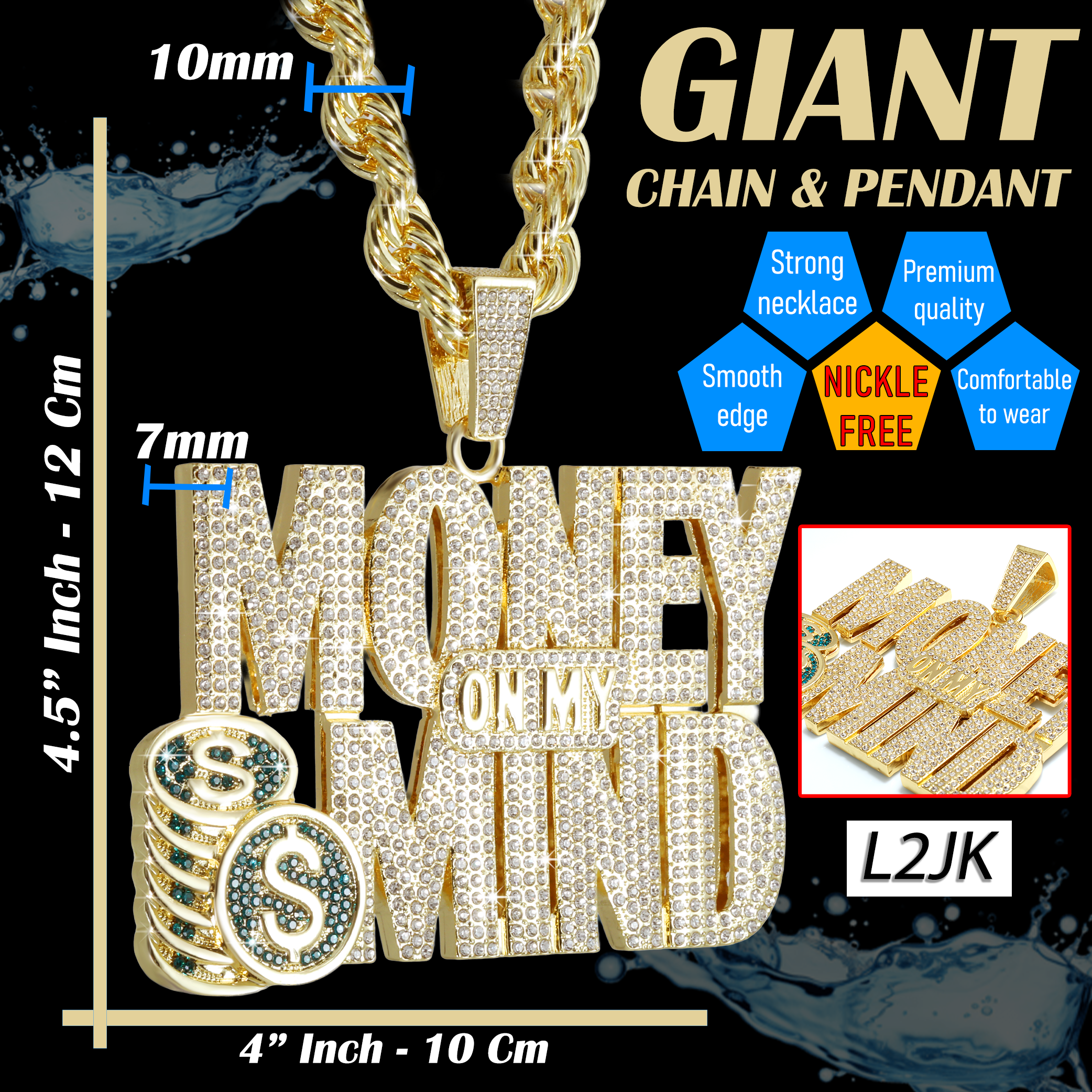 Huge Extra Large "MONEY ON MY MIND" 14k Gold Plated Pendant & Rope Chain