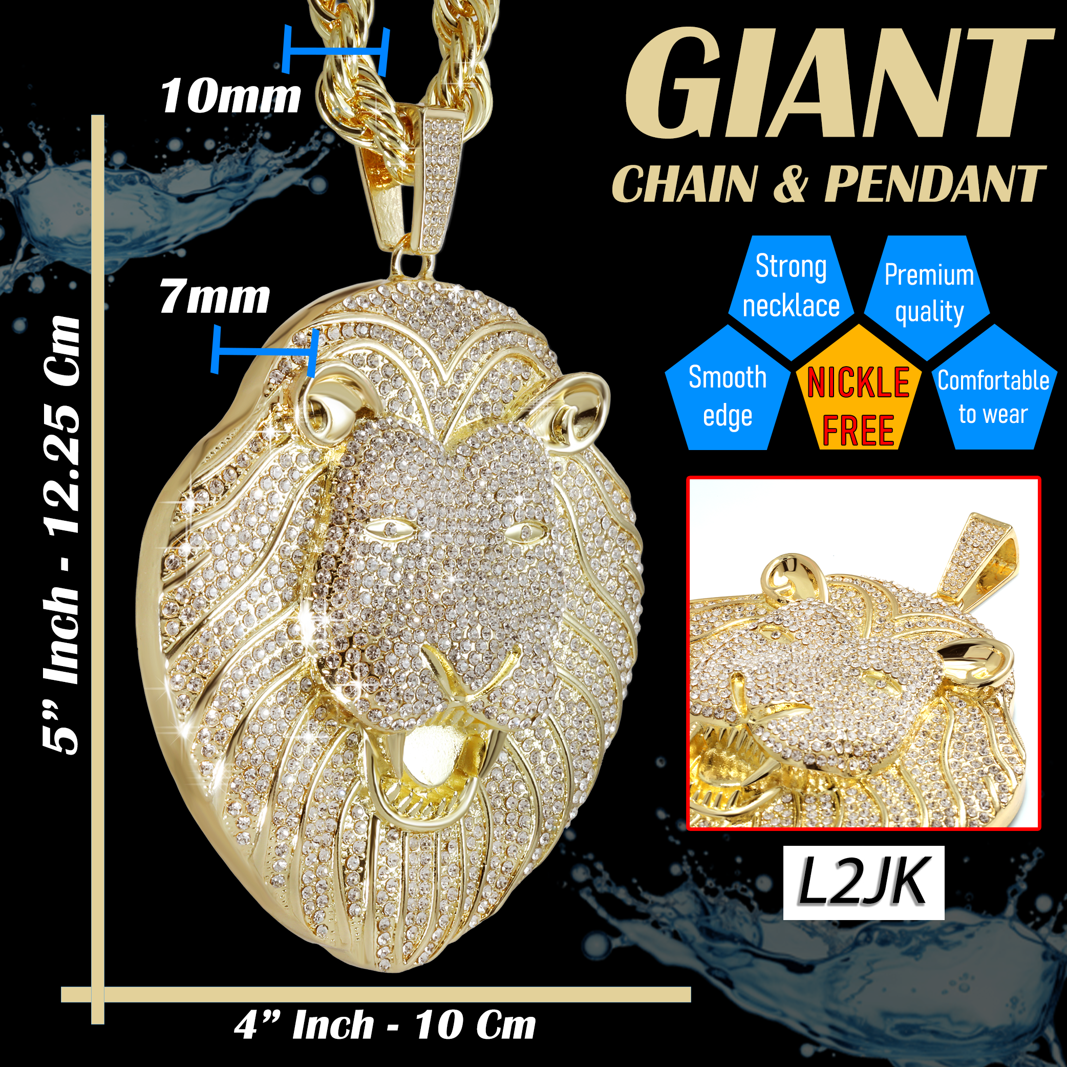 Huge Extra Large "Lion Face" 14k Gold Plated Pendant & Rope Chain