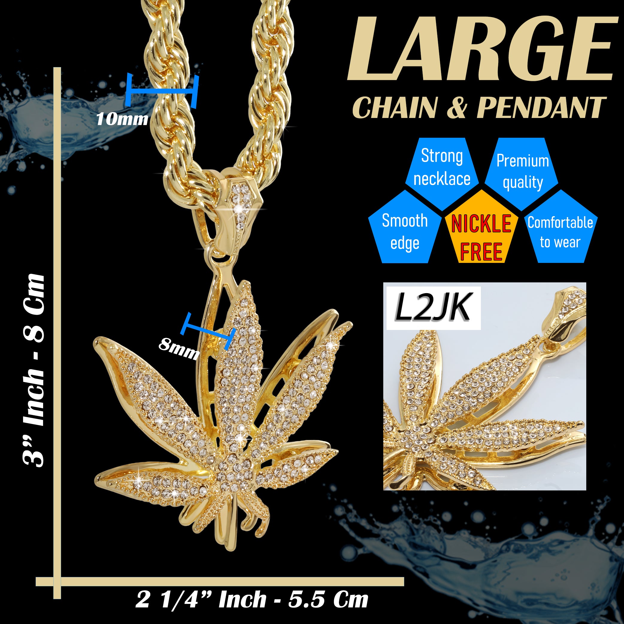 Marijuana Weed Leaf Fully Iced | 14K Rope Necklace Gold Plated 10mm