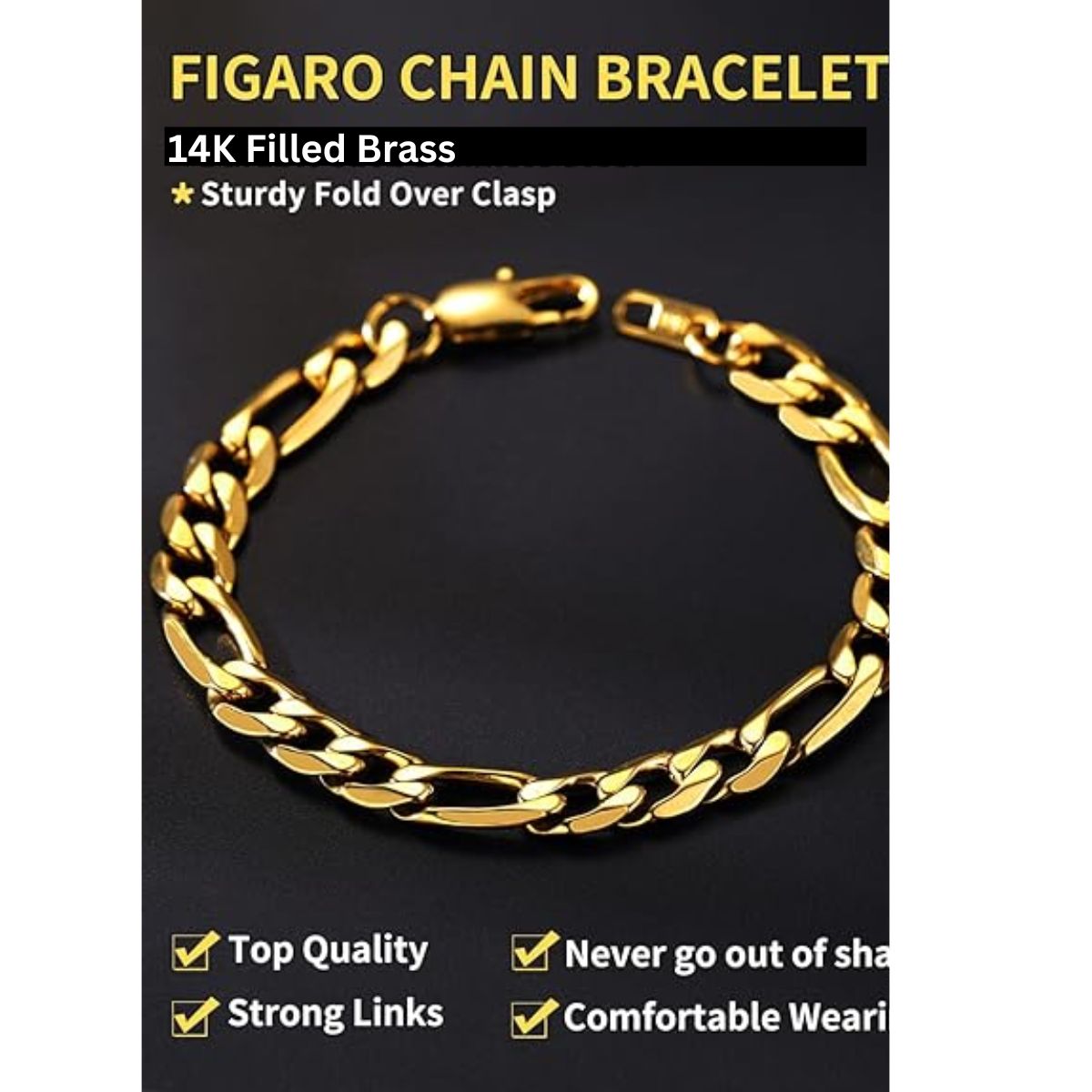 4MM/8"INCHES WIDE 14K GOLD FINISH FIGARO LINK BRACELET